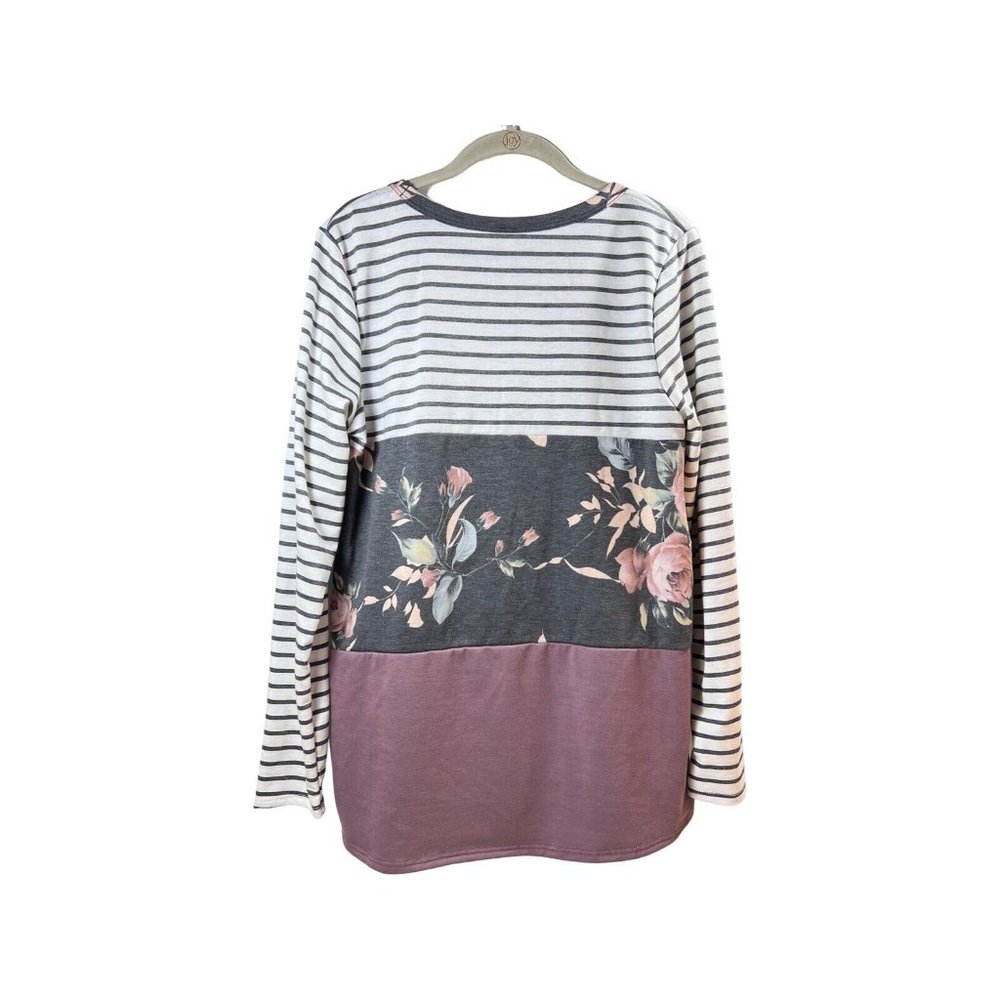 Vanilla Bay Color Block Long Sleeve Purple Floral Stripes NWT Sz L - Picture 2 of 6